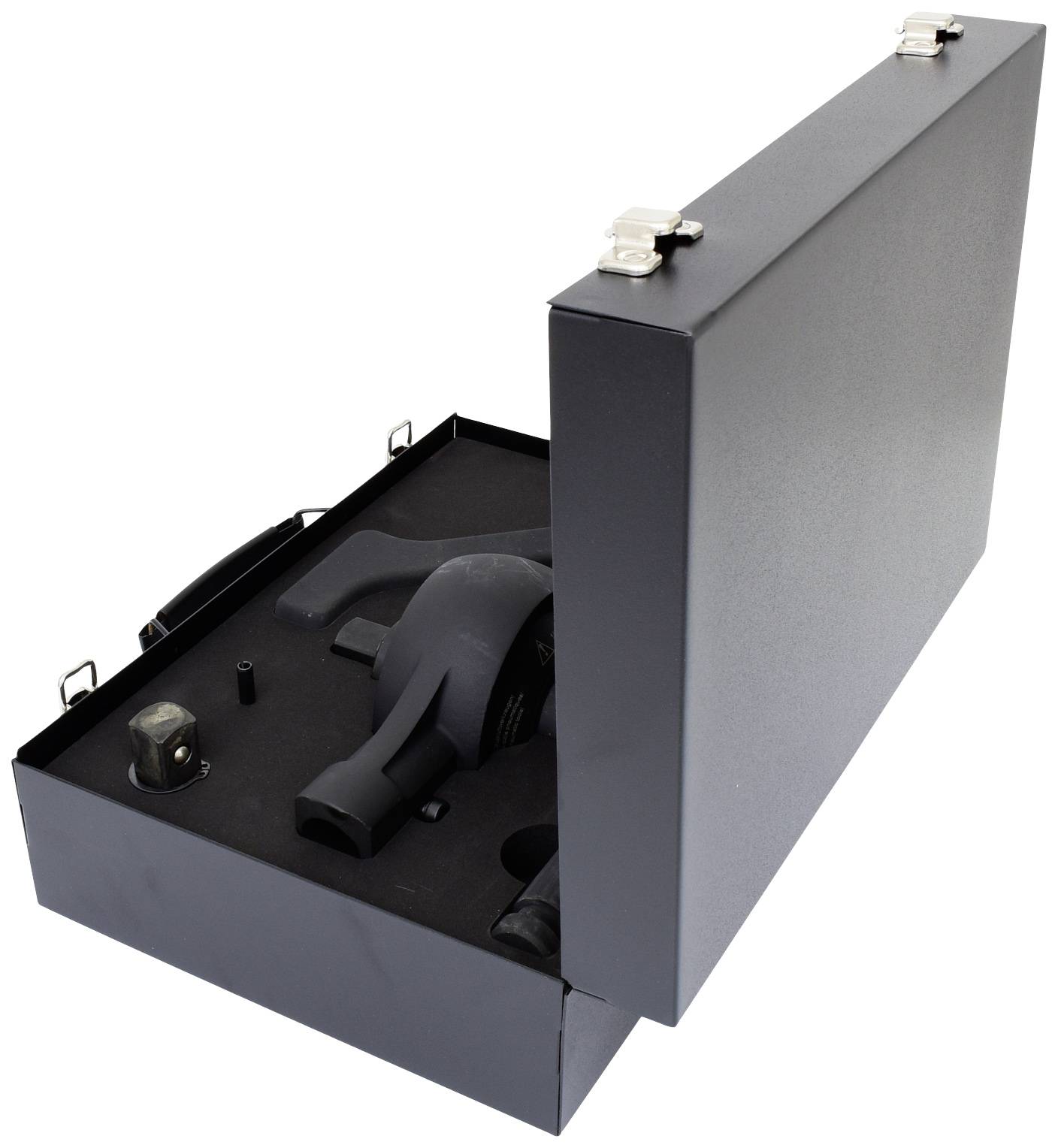 'Offener schwarzer Koffer mit geformtem Einsatz, der ein Gerät mit Handgriff und Zubehörteile hält.'