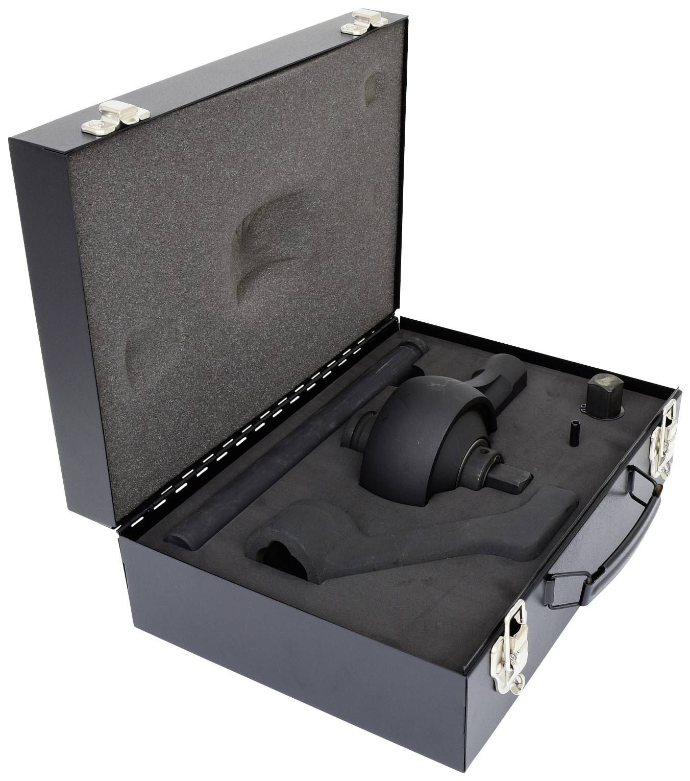 'Schwarzer Werkzeugkoffer mit Schaumstoffeinlage enthält spezialisiertes Autowerkzeug, offen zur Ansicht.'