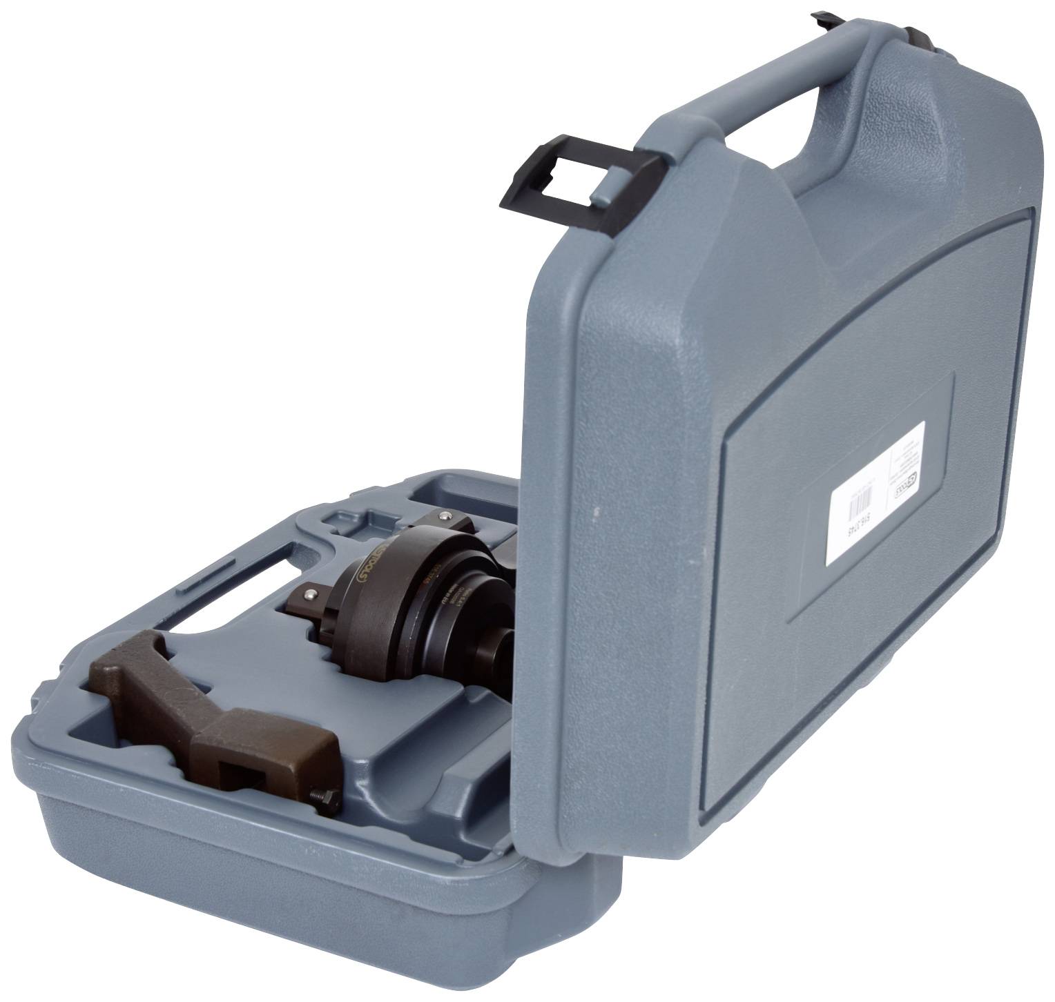 Ein offener grauer Werkzeugkoffer zeigt einen Schraubenschlüssel und Zubehör. Der Koffer ist zum Transport von Werkzeugen gedacht.