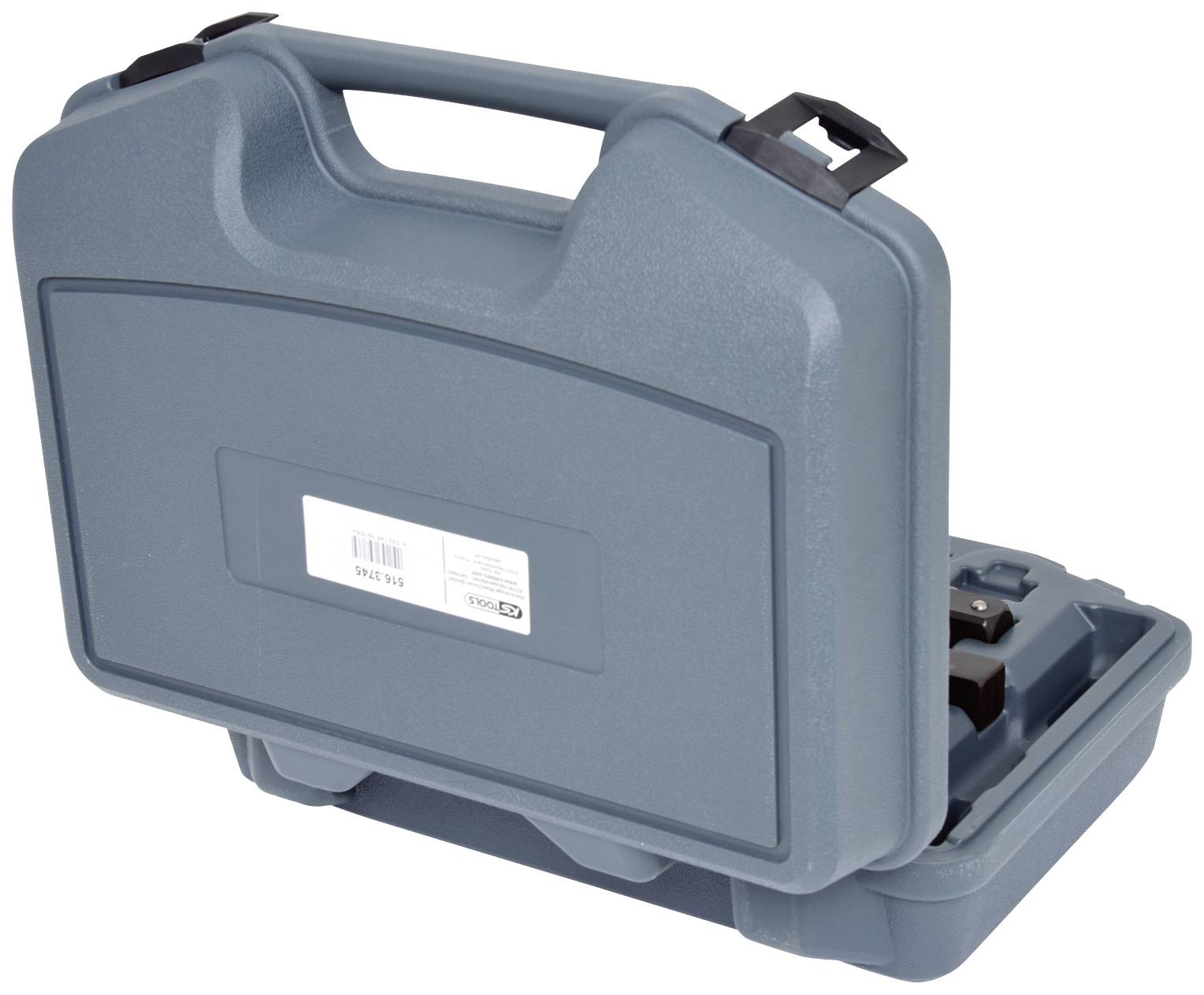 Grauer Kunststoff-Werkzeugkoffer mit Tragegriff, teilweise geöffnet und Geräte sichtbar. Eignet sich zum Transport von Werkzeugen.