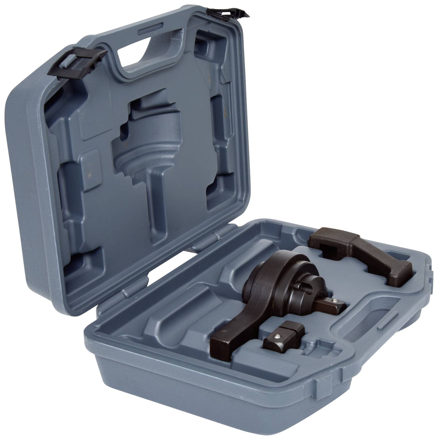 Blauer Koffer geöffnet mit schwarzen Werkzeugen im Inneren. Enthält eine spezielle Form, um die Werkzeuge sicher und passgenau zu halten.