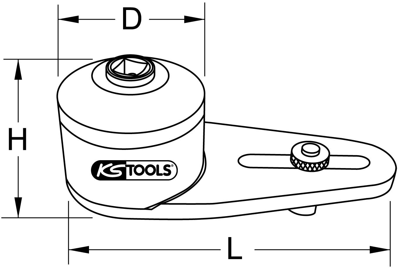Technische Zeichnung eines Werkzeugs mit den Maßen 'D', 'H', 'L'. Das KS Tools Logo ist abgebildet.