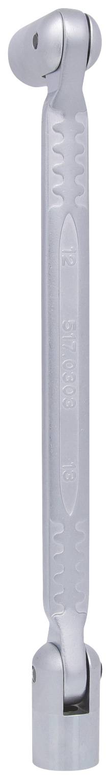 Ein silberner Gelenkschlüssel mit drehbarem Kopf, geeignet zum Festziehen und Lösen von Muttern und Schrauben in schwer zugänglichen Bereichen.