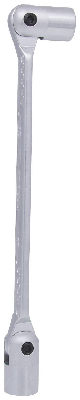 Ein silberner Schraubenschlüssel mit einem Gelenk an beiden Enden, geeignet zum Erreichen von schwer zugänglichen Stellen.