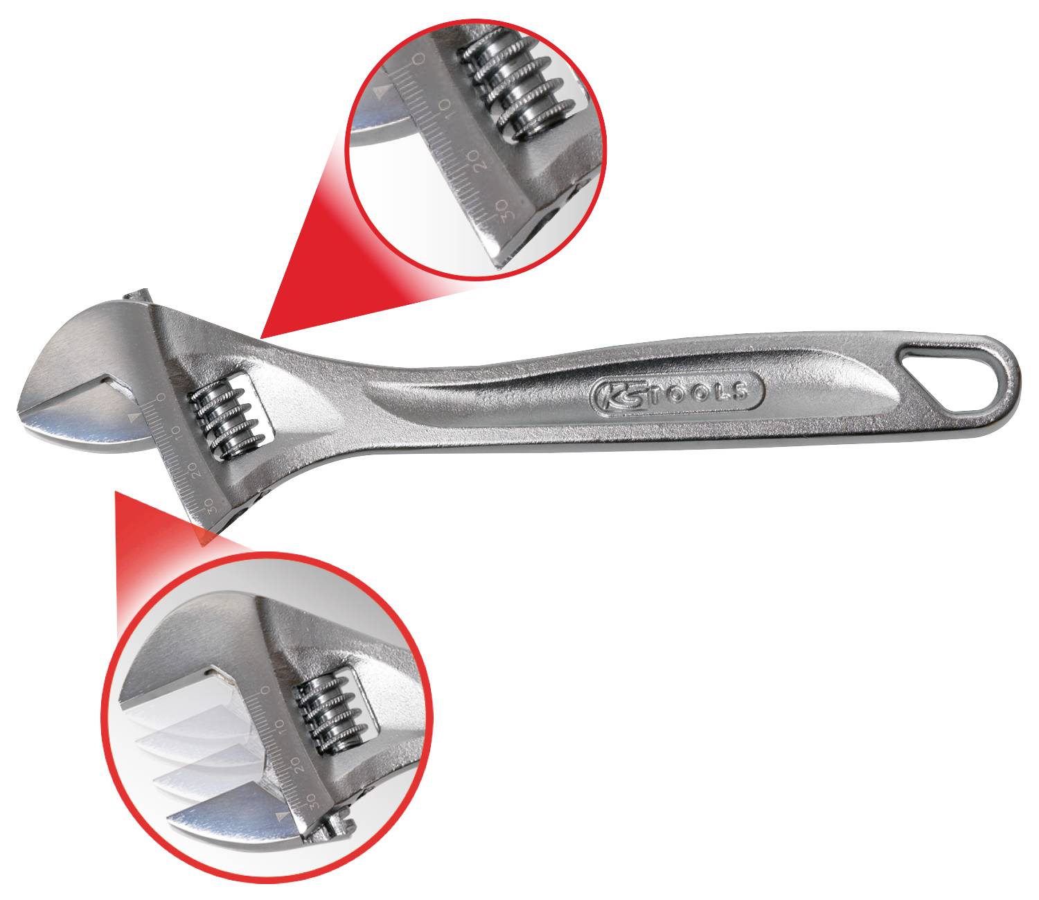 Ein verstellbarer Schraubenschlüssel mit Nahaufnahmen der Zahnung und Skala für präzise Einstellung, aus Metall gefertigt.