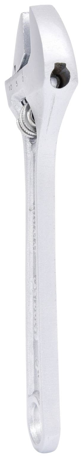 Ein verstellbarer Schraubenschlüssel aus Metall, seitlich betrachtet, geeignet zum Lösen und Festziehen von Schraubverbindungen.