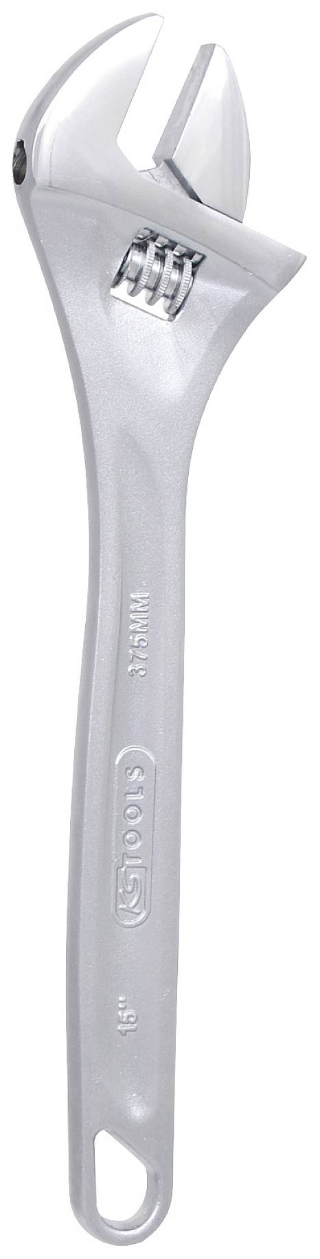 Ein verstellbarer Schraubenschlüssel aus Metall mit silbernem Finish, geeignet für verschiedene Schraubengrößen.