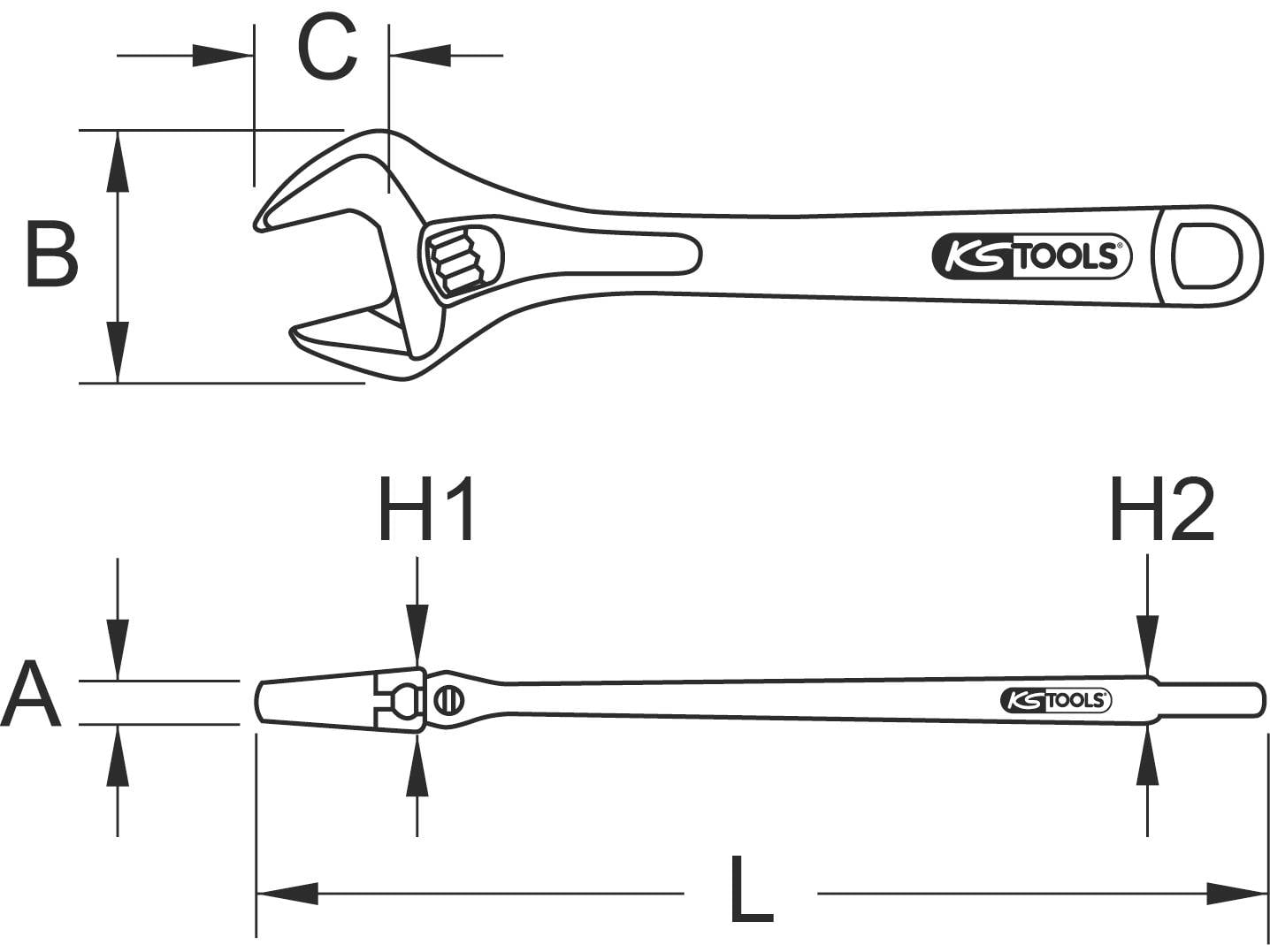 Technische Zeichnung eines verstellbaren Schraubenschlüssels mit Maßen: C, B, A, H1, H2, L. Markiert mit 'KS Tools'-Logo.