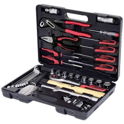 Ein geöffneter Werkzeugkoffer mit verschiedenen Werkzeugen wie Schraubendreher, Zangen, Schraubenschlüssel und Hammer. Ideal für Heimwerkerarbeiten.