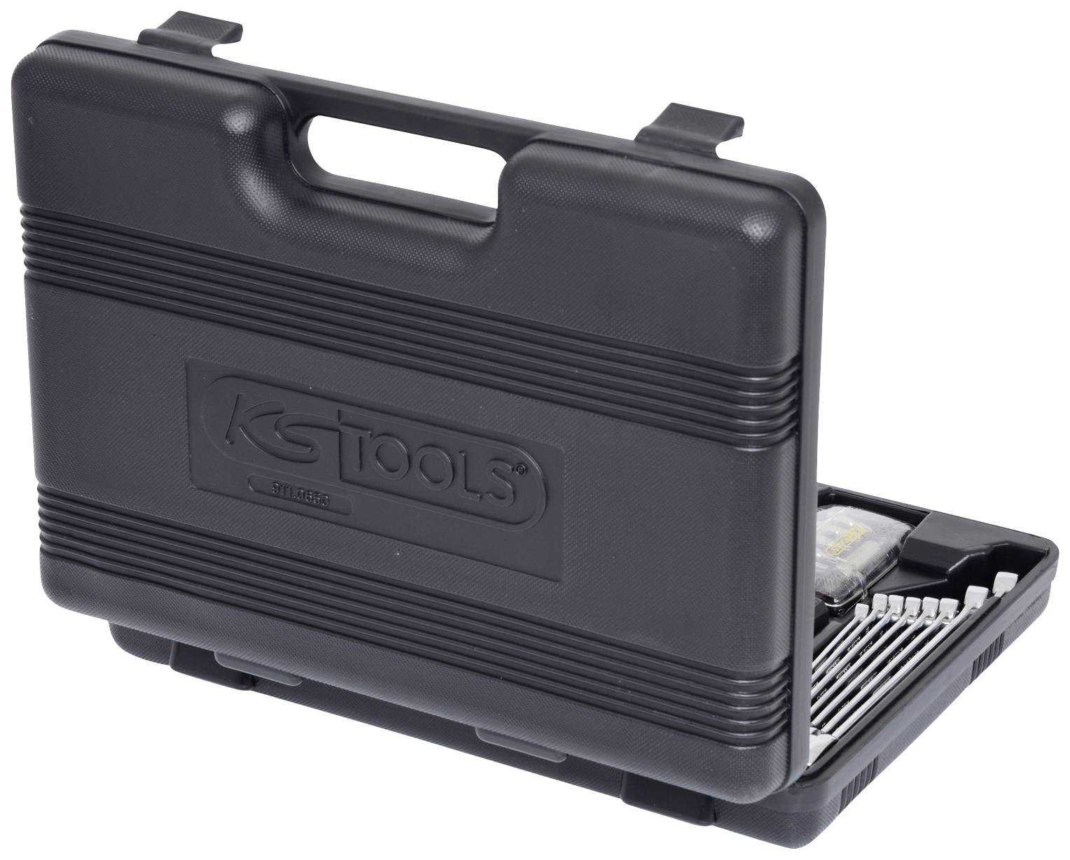 Ein schwarzer Werkzeugkoffer mit dem Logo 'KS TOOLS'. Er ist leicht geöffnet und zeigt verschiedene Werkzeuge im Inneren.