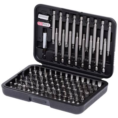 Ein offenes Set von Schraubendrehereinsätzen in einem schwarzen Kunststoffkoffer mit vielen verschiedenen Bits und einem Schraubendrehergriff.