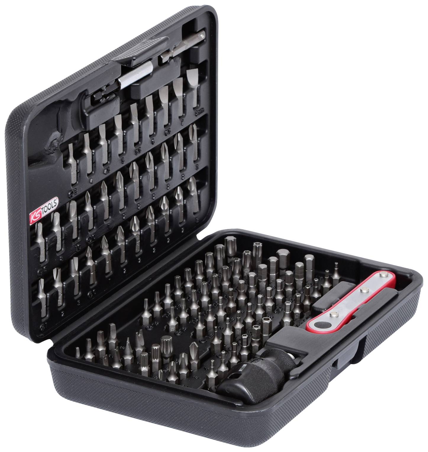 Ein offener Koffer mit einem umfangreichen Set an Schraubenzieher-Bits und -Aufsätzen sowie einem handlichen Schraubenzieher.