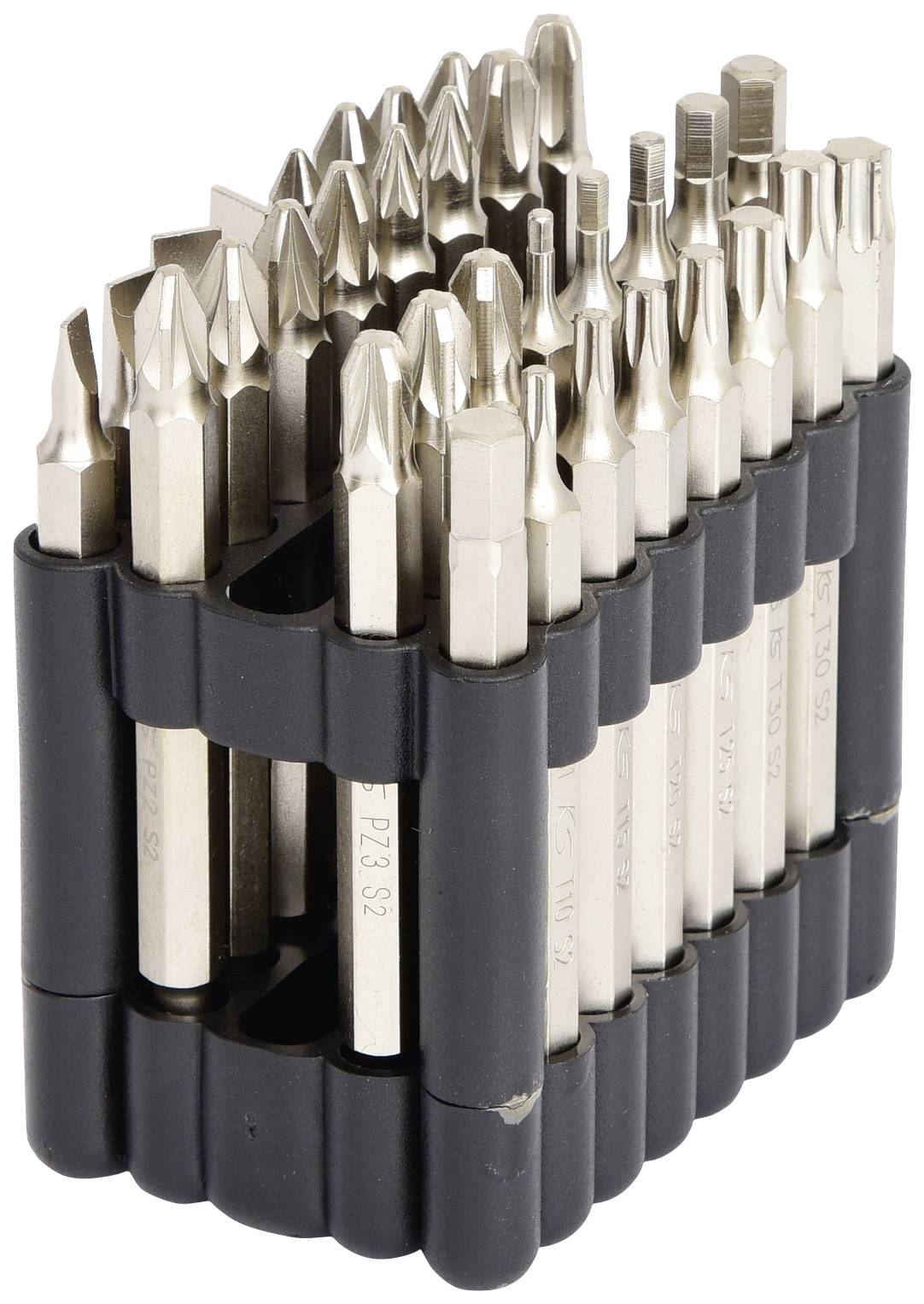 Ein Set von Metall-Schraubendreherbits in verschiedenen Größen und Formen, geordnet in einem schwarzen Halter.