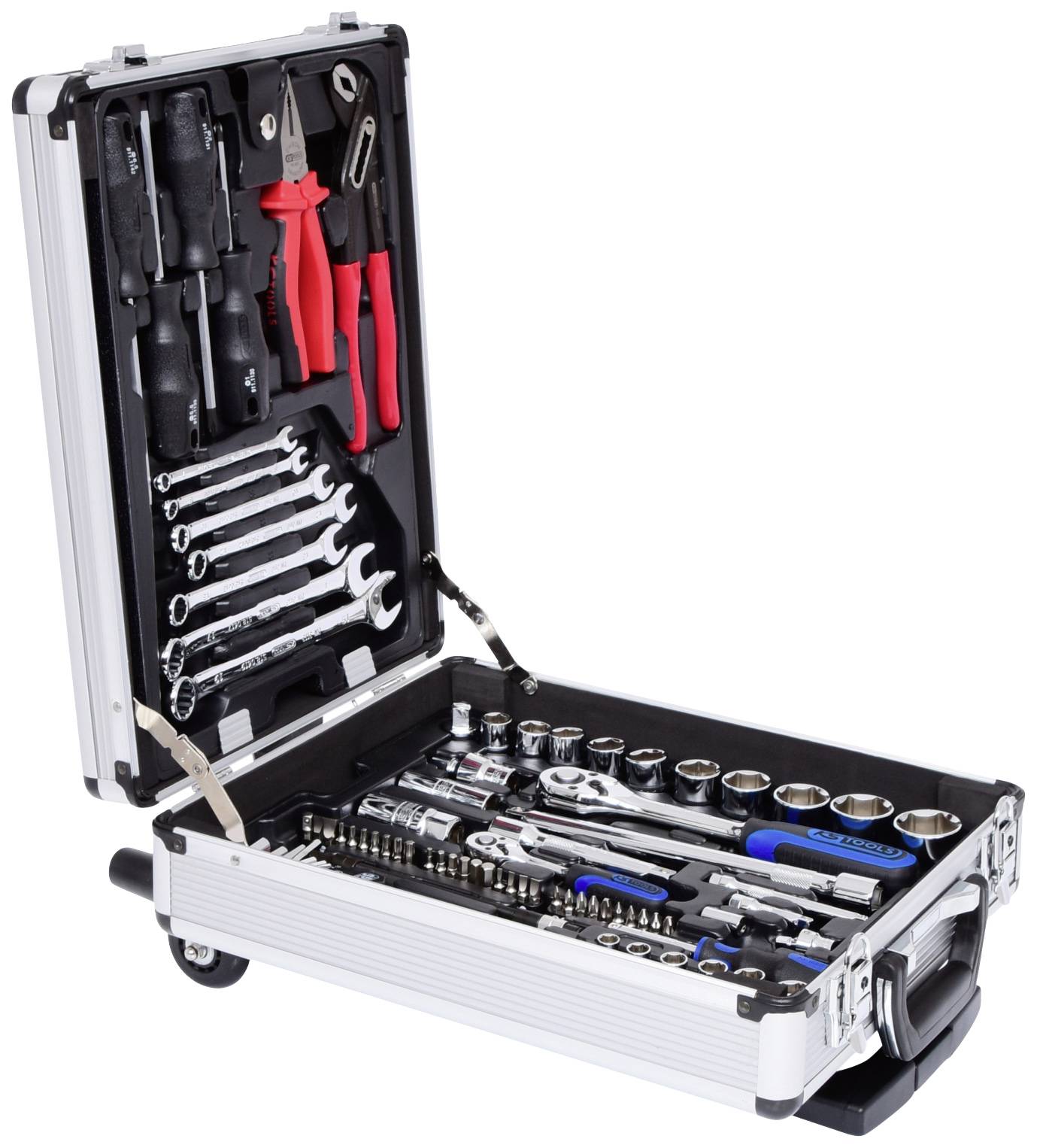 'Offener Werkzeugkoffer mit verschiedenen Handwerkzeugen wie Schraubendrehern, Zangen, Maulschlüsseln und Steckschlüsseln, geordnet und einsatzbereit.'