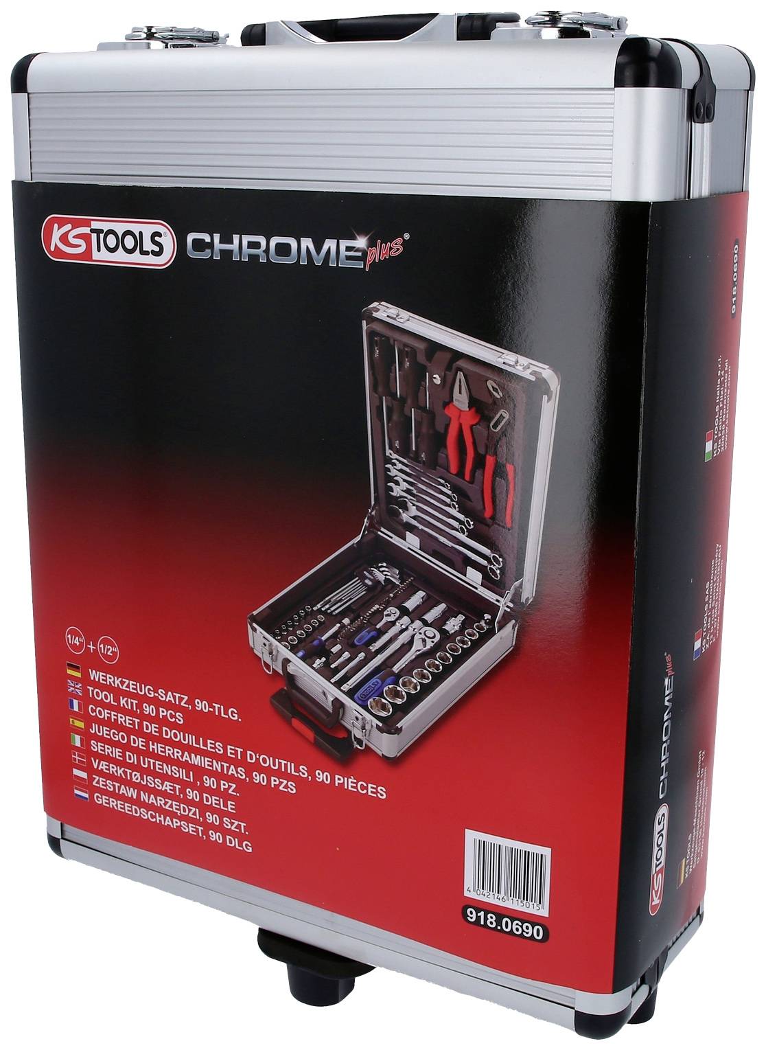 Werkzeugkoffer mit 90-teiligen Werkzeugset, abgebildet mit verschiedenen Handwerkzeugen wie Schraubendreher und Zangen, in geschlossenem Koffer.