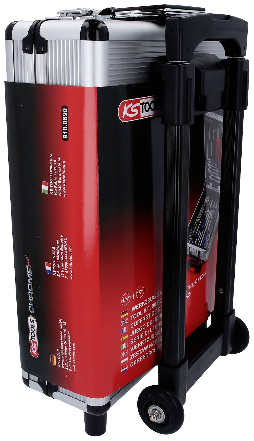 Werkzeugkoffer mit Tragegriff und Rollen, rotes Design mit Beschriftung in mehreren Sprachen. Ideal für mobile Werkzeugaufbewahrung.