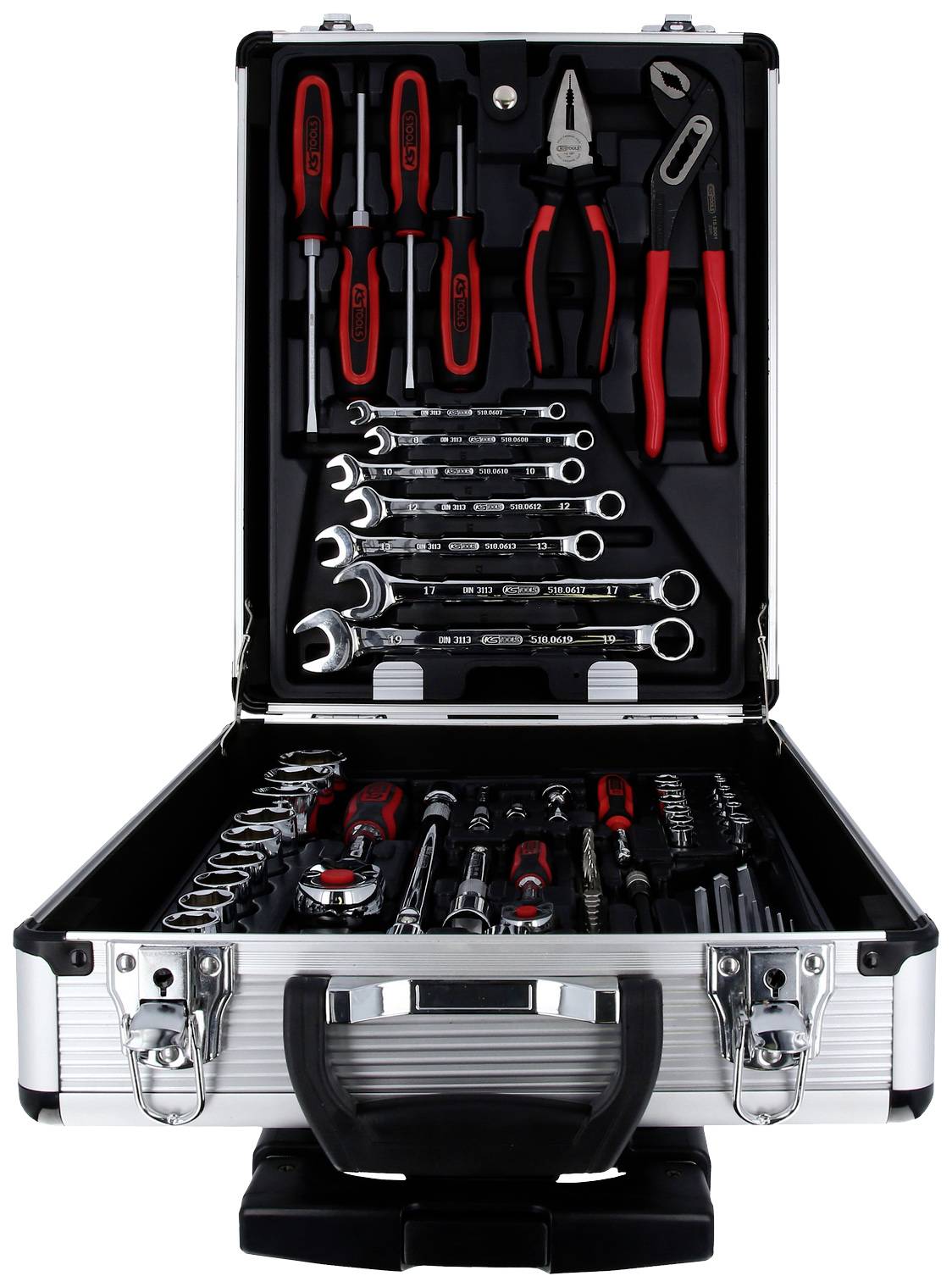 Ein geöffneter Werkzeugkoffer mit Schraubendrehern, Zangen und Schraubenschlüsseln, ordentlich in Fächern angeordnet.