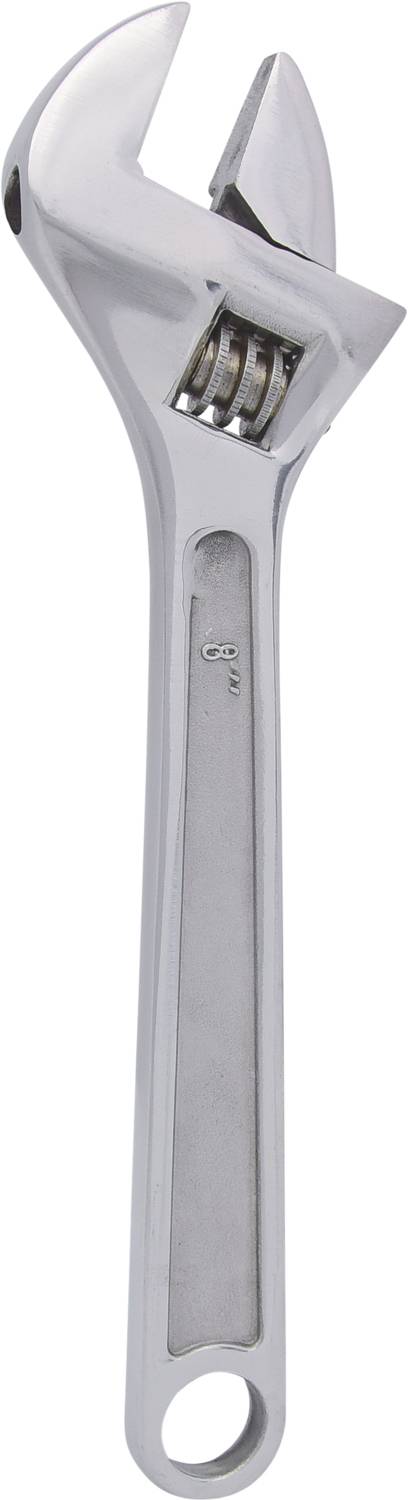 Ein verstellbarer Schraubenschlüssel aus Metall mit einem silbernen Finish. Ideal zur Anpassung an verschiedene Schraubengrößen.