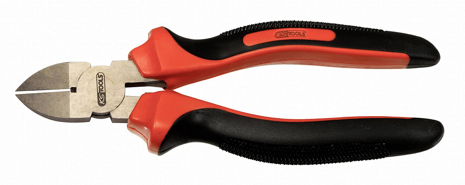 Zange mit roten und schwarzen Gummigriffen, geeignet zum Schneiden von Drähten und Kabeln.
