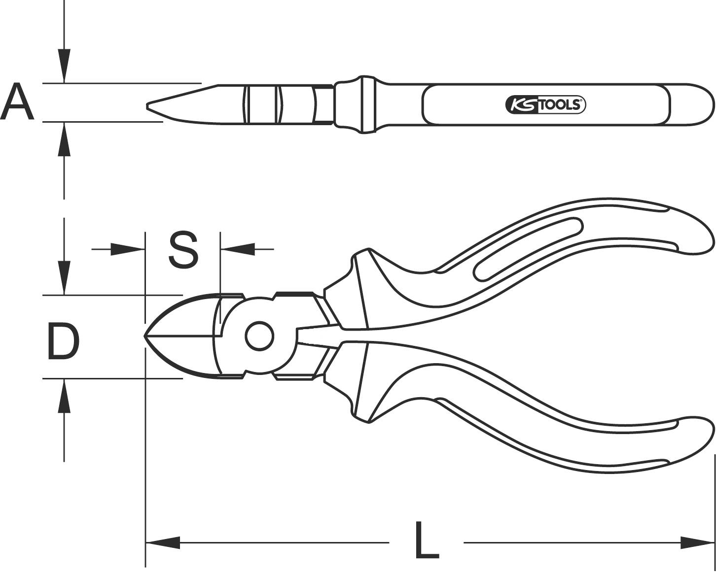 Zeichnung einer Abisolierzange mit Maßen: Länge (L), Durchmesser (D), und Abstand der Klinge (S). Markenname 'KS TOOLS' sichtbar.