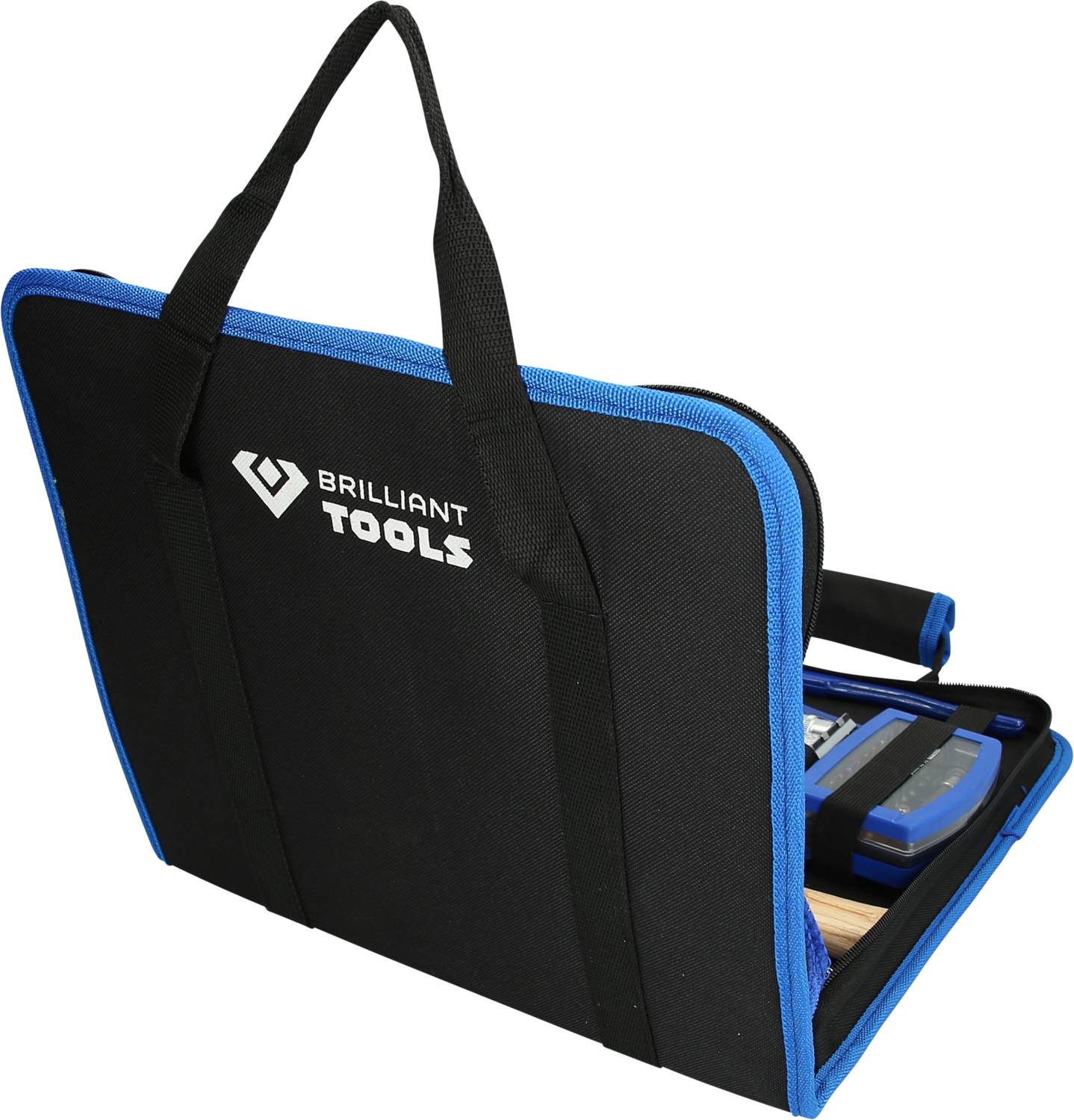 Eine schwarze Werkzeugtasche mit blauem Rand und Tragegriffen, teilweise geöffnet, zeigt den Inhalt, darunter ein Werkzeugkasten.