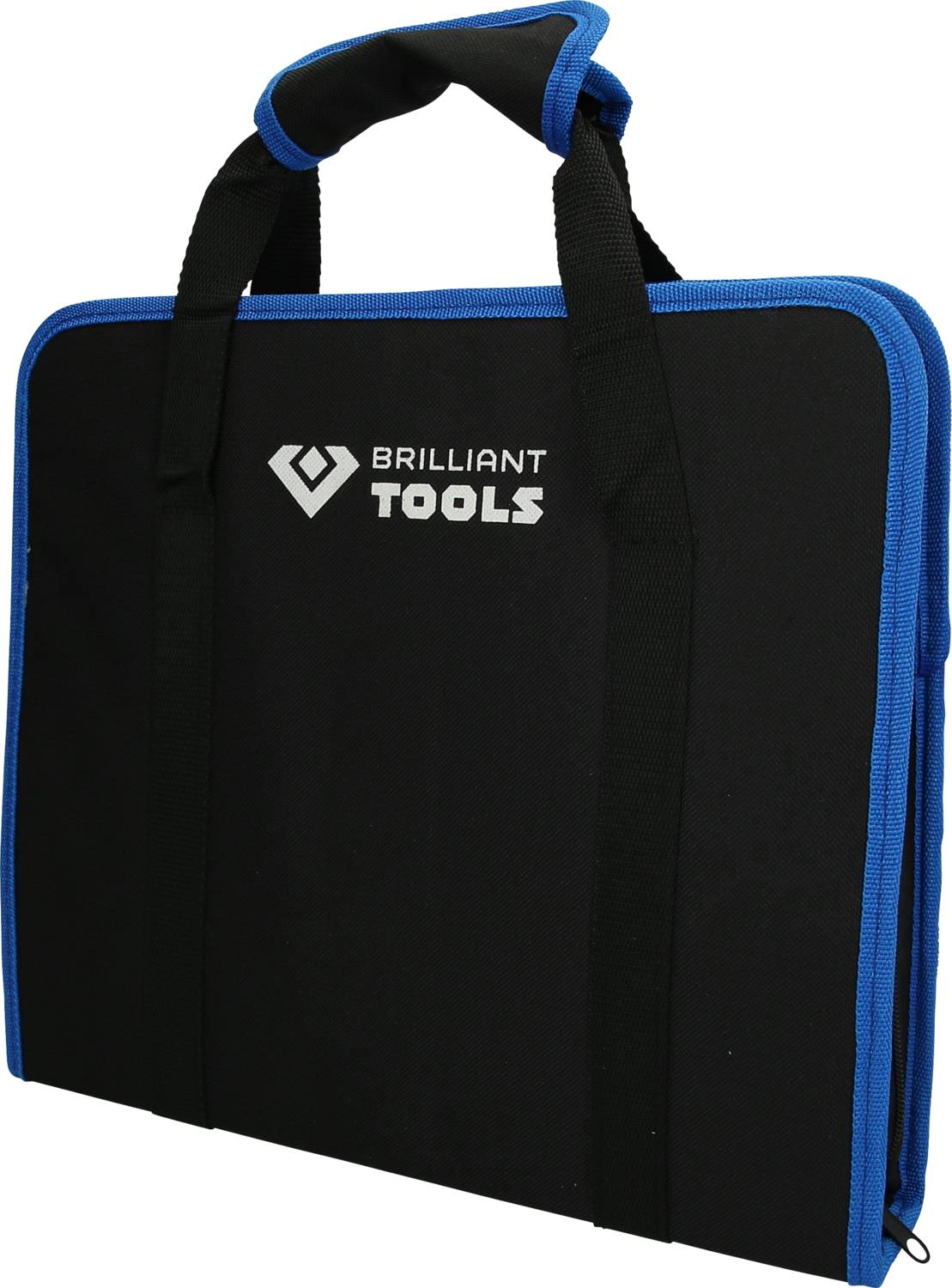 Schwarze Werkzeugmappe mit blauen Akzenten und der Aufschrift 'Brilliant Tools', geeignet zum Tragen und Aufbewahren von Werkzeugen.