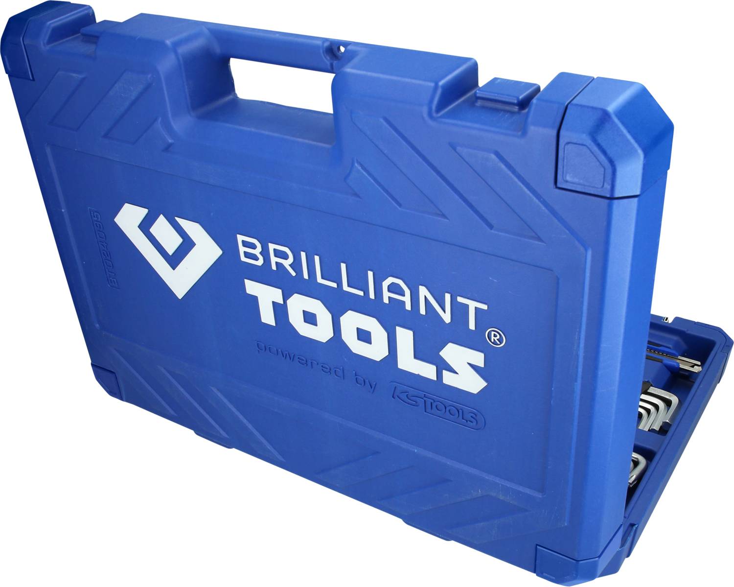 Blauer Werkzeugkoffer mit der Aufschrift 'BRILLIANT TOOLS', teils geöffnet, zeigt geordnete Werkzeuge im Inneren.