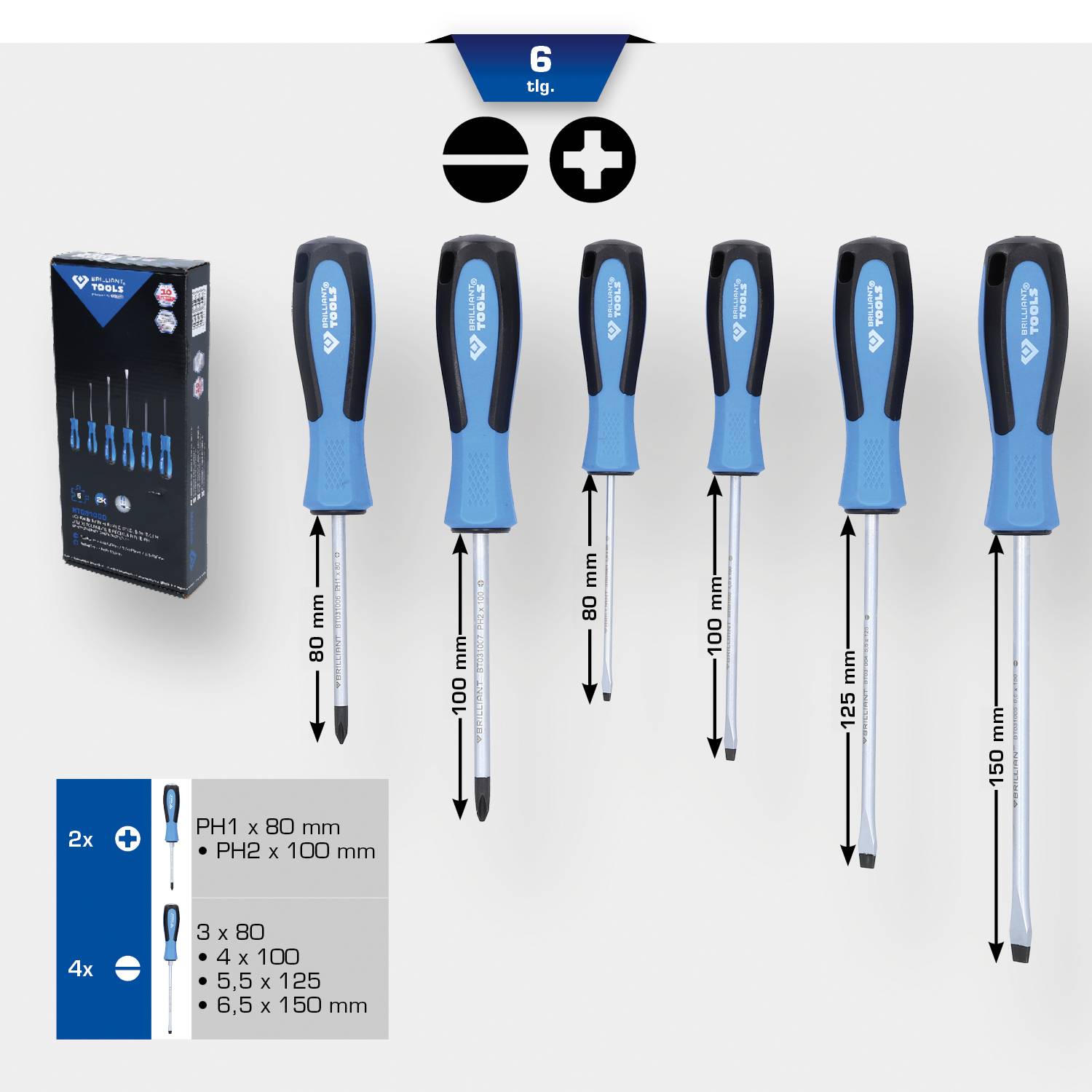 'Six-piece screwdriver set' bestehend aus vier Schlitz- und zwei Kreuzschlitzschraubendrehern in verschiedenen Größen mit blauen Griffen.