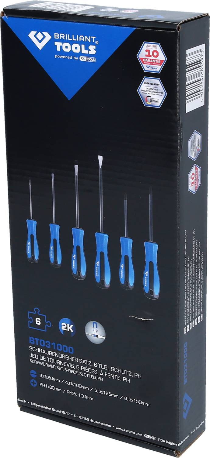 'Brilliant Tools' Schraubendrehersatz BT031400, 6-teilig, mit PH 1, Schlitz 5.5, Gewährleistungslogo, Verpackung zeigt blaue Griffe.