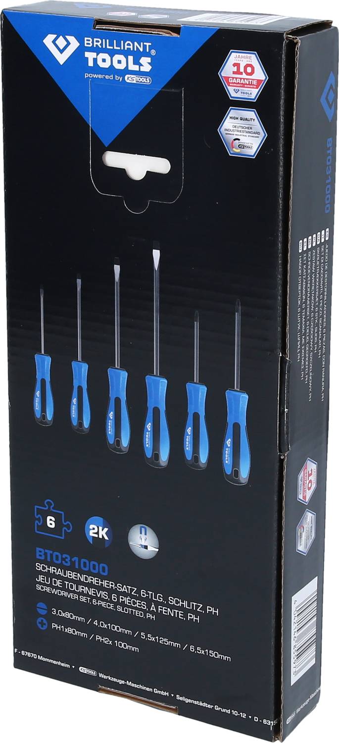 Eine Verpackung mit einem 6-teiligen Schraubendreher-Set von Brilliant Tools, das inklusive Schutz und PH-Schraubendrehern angeboten wird.