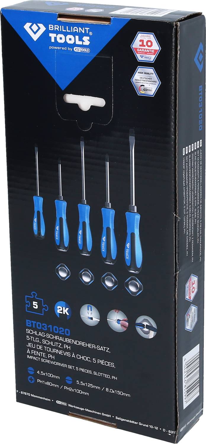Verpackung eines 5-teiligen Schraubendreher-Sets. Blaue Griffe sichtbar. Eignung für Slots, PZ, PH angegeben. Marke Brilliant Tools.