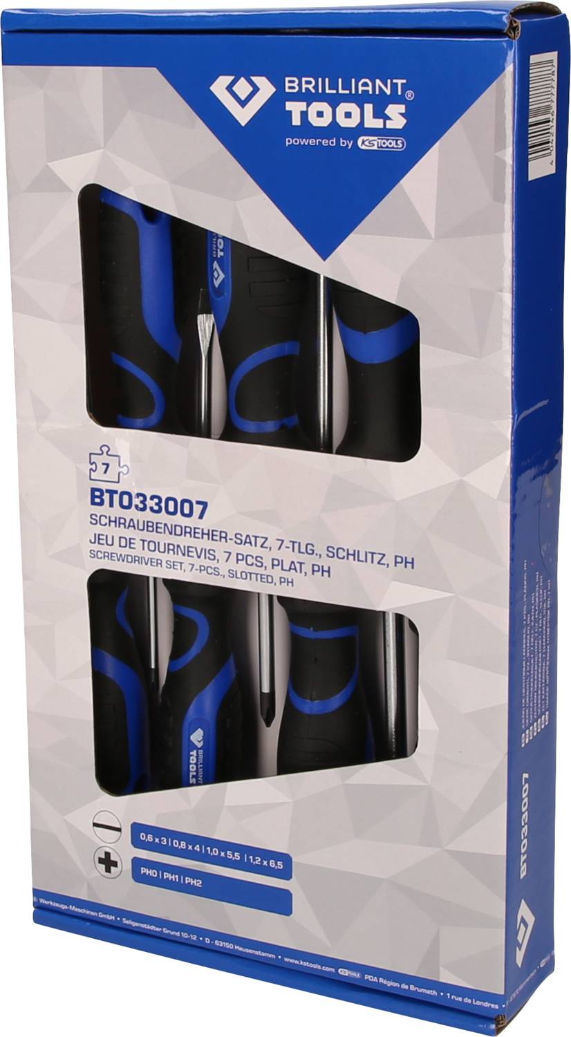 Verpackung eines Schraubendreher-Sets mit sieben Teilen, darunter Schlitz- und Kreuzschlitzvarianten. Marke: Brilliant Tools.