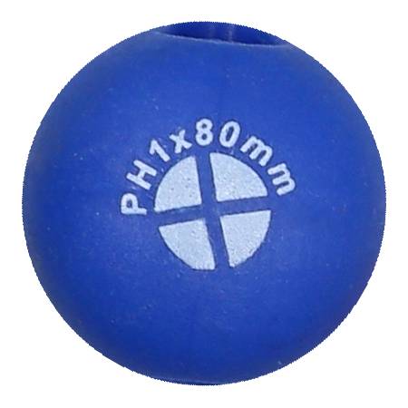 Blauer Kugelgriff mit der Aufschrift 'PH1 x 80mm' und einem weißen Kreuz-Logo.