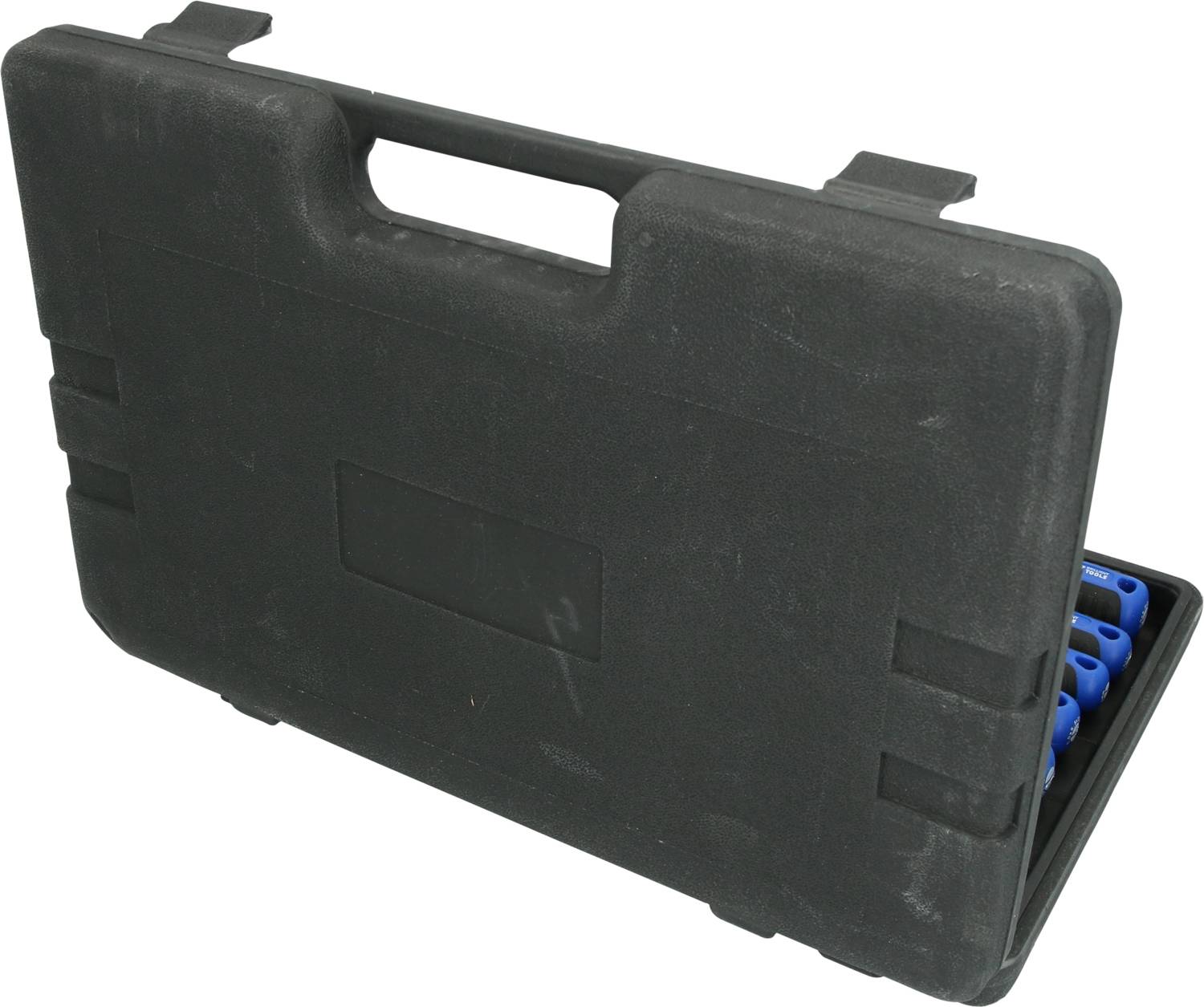 Schwarzer Kunststoffkoffer mit Griff und blauen Werkzeugen im Inneren, teilweise geöffnet.