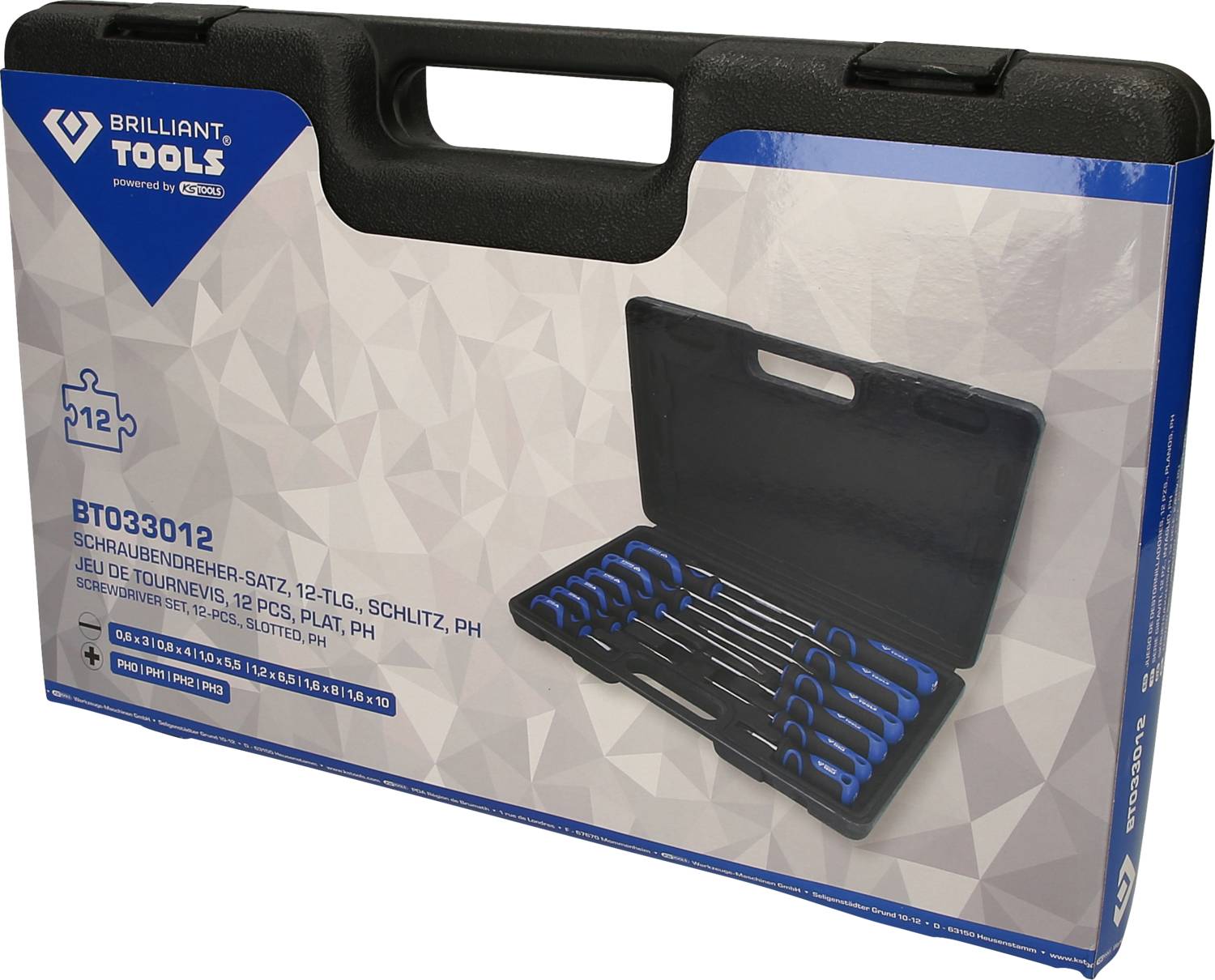 Schwarzer Koffer mit einem 12-teiligen Schraubendreher-Satz, innen abgebildet, blauer Griff, Marke 'Brilliant Tools'.