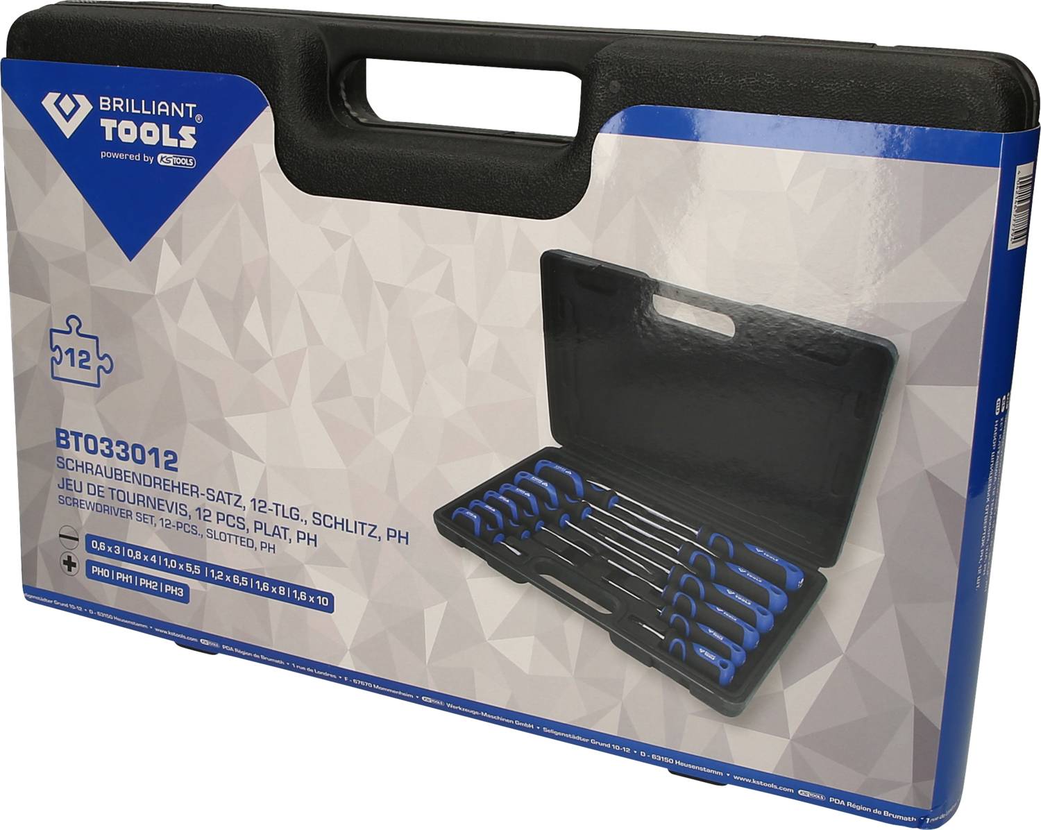 'Werkzeugkoffer mit 12-teiligen Schraubendreher-Satz, diverse Größen und Typen. Blau-schwarze Griffe, Marke Brilliant Tools.'