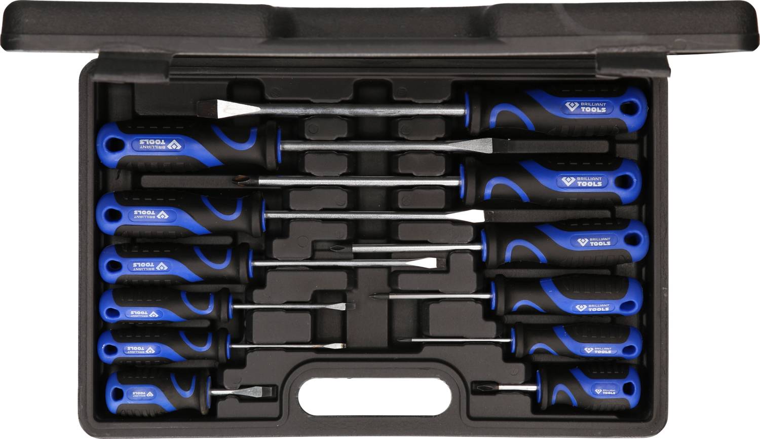 Ein Set von 12 Schraubendrehern in verschiedenen Größen und Formen, ordentlich in einem schwarzen Koffer mit blauen Griffen arrangiert.