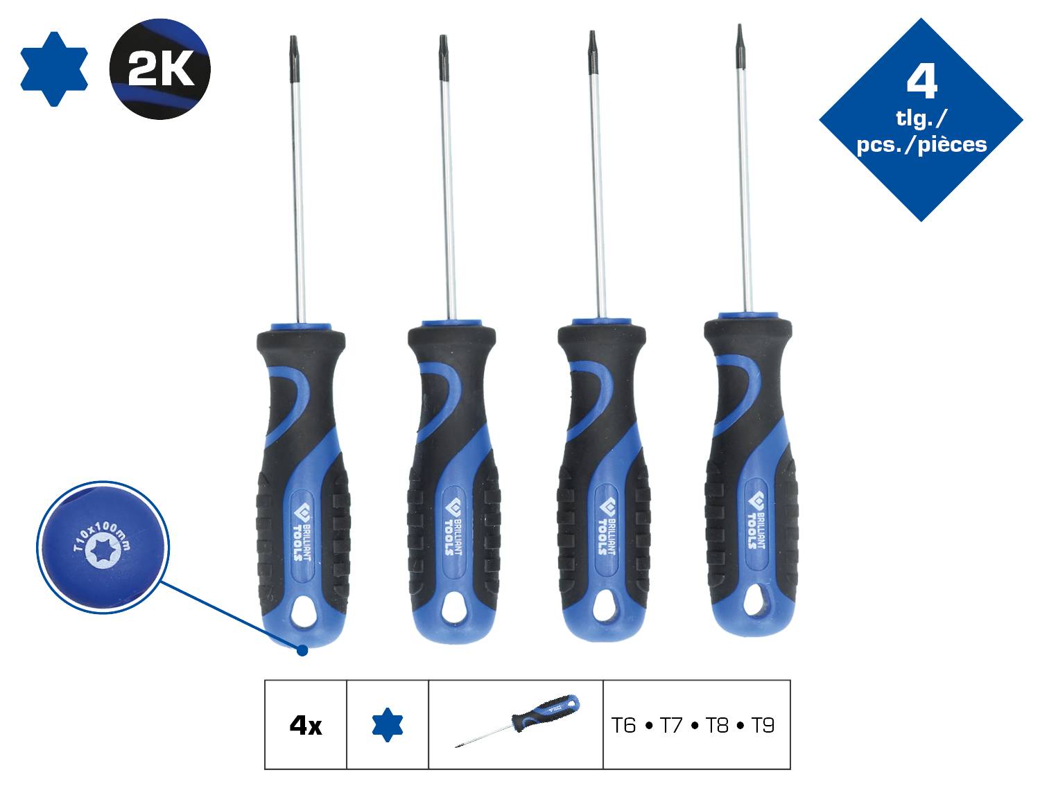 'Satz aus 4 Schraubendrehern mit blau-schwarzen Griffen, Größe T6, T7, T8, T9. Für Torx-Schrauben, ergonomisches Design.'
