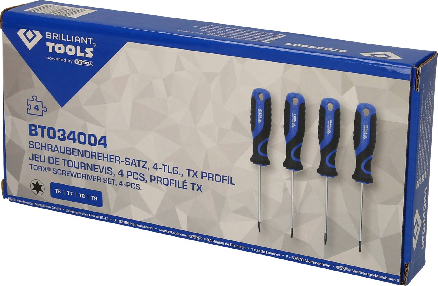 'Brilliant Tools Schraubendreher-Satz BT034004, 4-teilig, TX Profil; enthält Größen T6, T7, T8, T10. Verpackung mit blauer Aufschrift.'