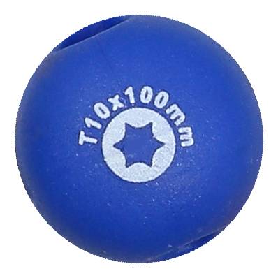 Blauer runder Knauf mit der Aufschrift 'T10x100mm' und einem sternförmigen Symbol in der Mitte.