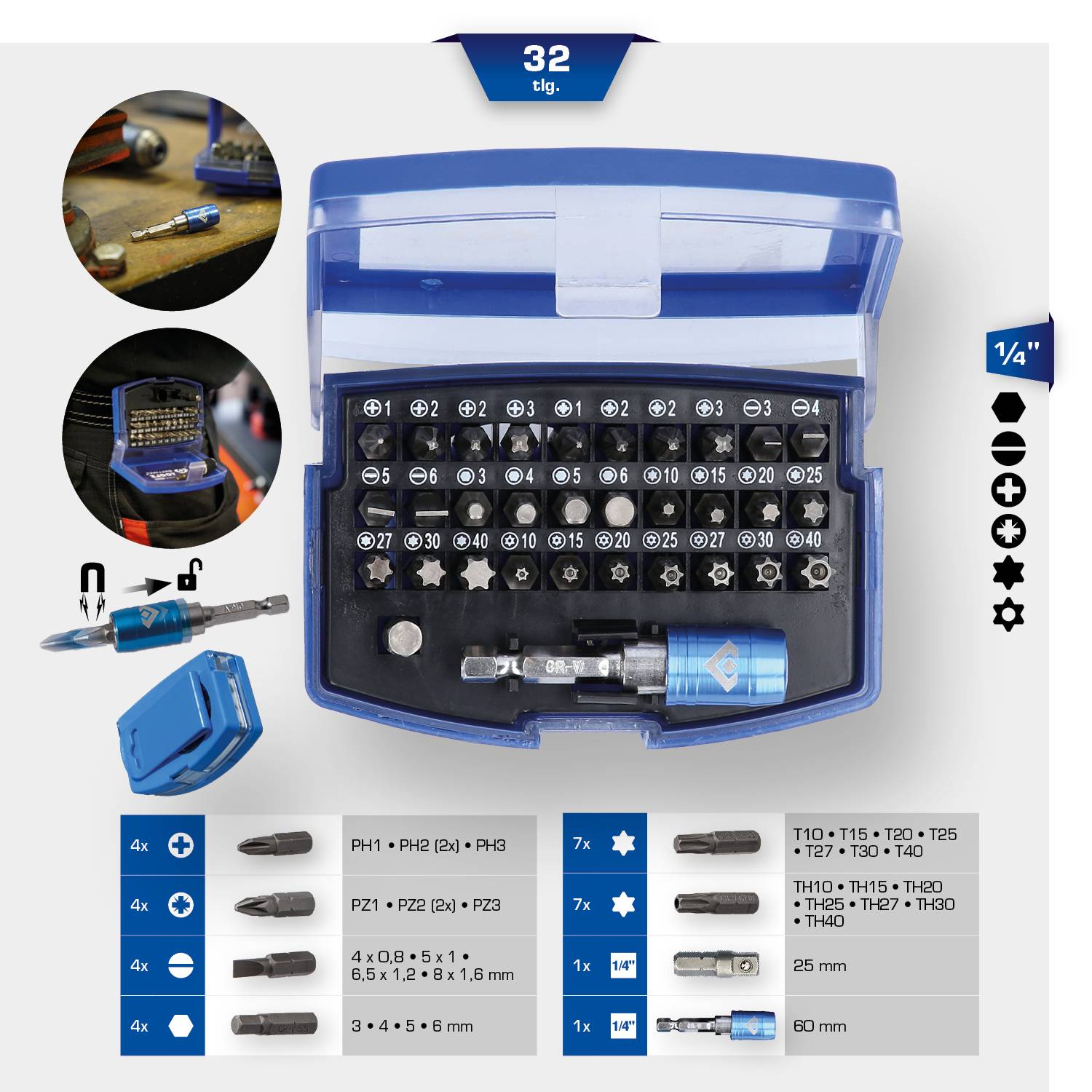 'Satz mit 32 Schraub- und Bohrbits in blauem Etui. Enthält Kreuz-, Torx-, Innensechskant-Bits. Größen und Mengen bildlich dargestellt.'