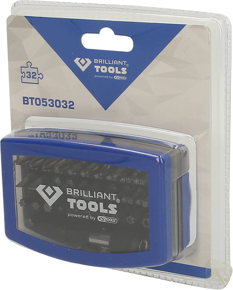 Verpackte Brilliant Tools Box mit der Aufschrift 'BT053032', enthält diverse Bits. 