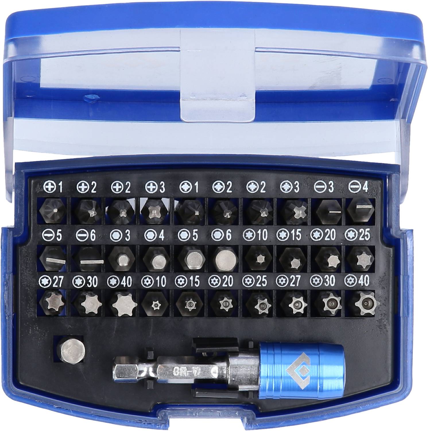 'Satz mit 42 verschiedenen Schraubendreher-Bits in einer blauen Box, darunter Kreuzschlitz-, Schlitz- und Torx-Bits.'