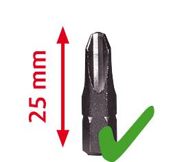 Schraubendreher-Bit, 25 mm lang, mit grünem Haken als Zeichen der Eignung oder Richtigkeit.