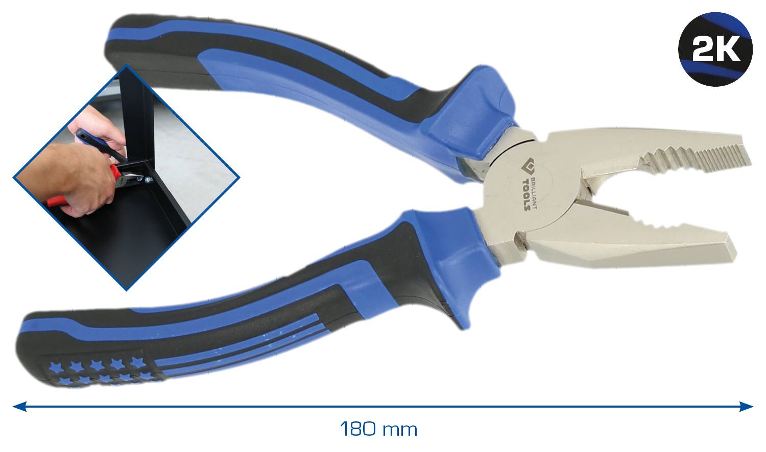 Eine Zange, 180 mm lang, blau-schwarz, mit ergonomischem Griff. Kleines Bild zeigt die Zange im Gebrauch beim Schneiden eines Drahts.