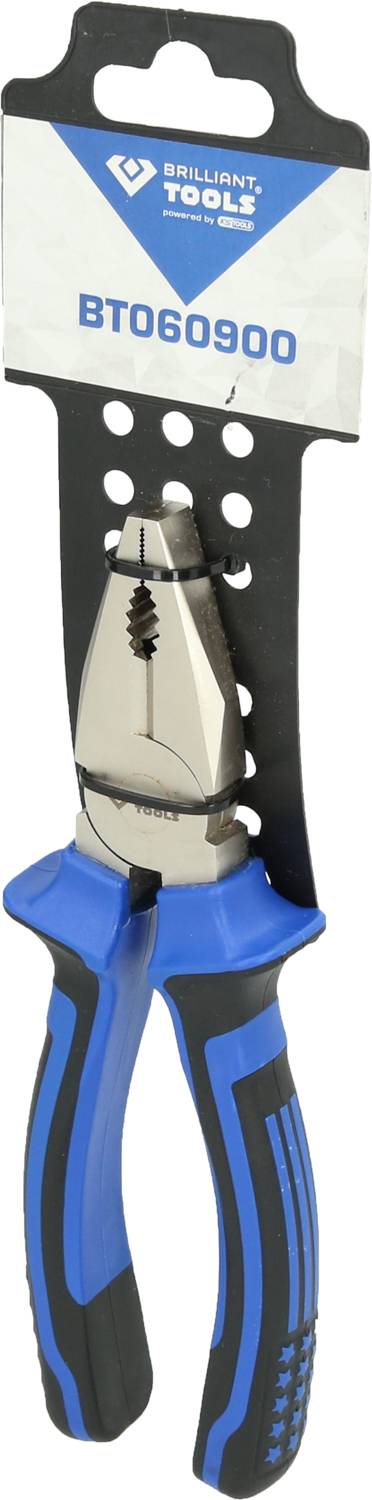 Eine blaue und schwarze Zange, verpackt und an einem Haken aufgehängt, mit der Produktnummer 'BT060900' auf der Verpackung.