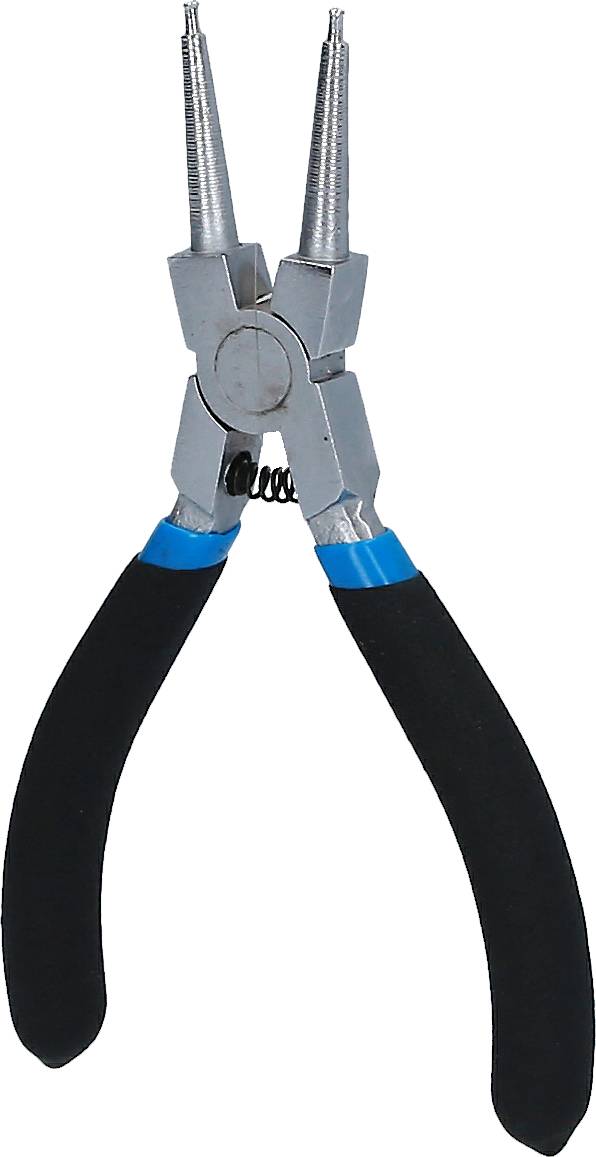 Rundzange mit schwarzen Griffen und blauen Details, verwendet für feine Arbeiten wie das Biegen von Draht oder das Greifen kleiner Objekte.