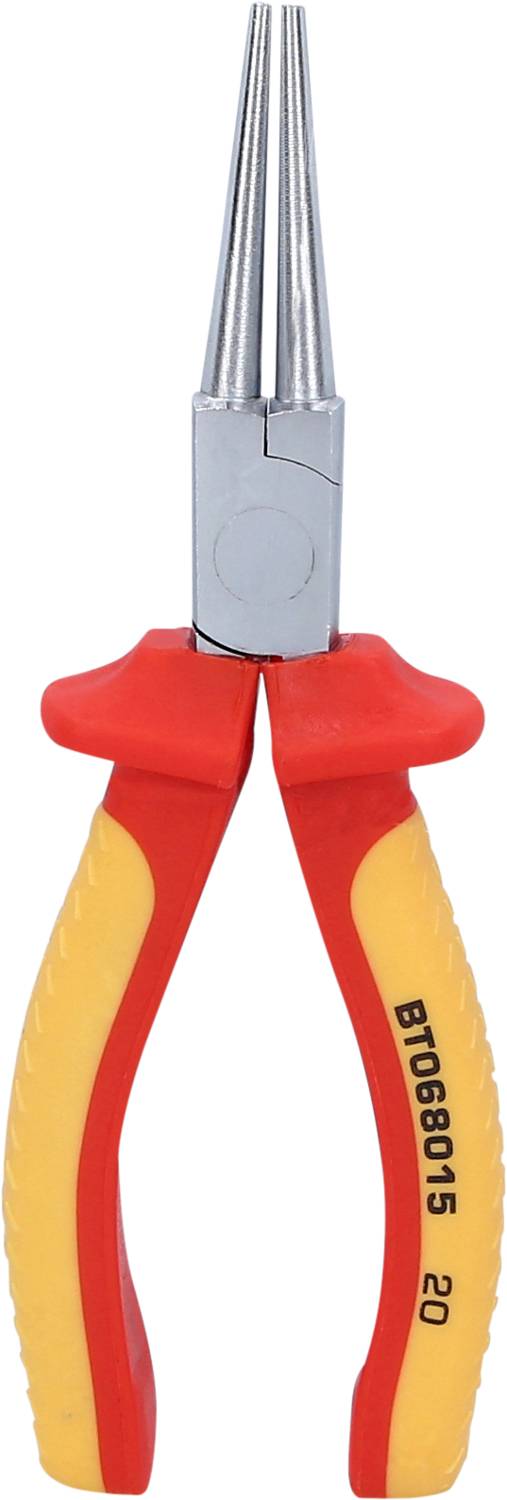 Langbeckzange mit rotem und gelbem Griff, oft für feine Arbeiten in Elektrik oder Handwerk genutzt.