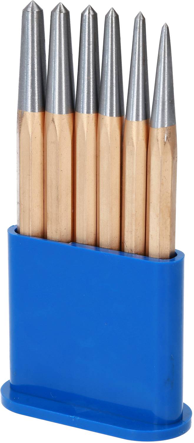 Sechs Bleistifte mit silbernen Spitzen stehen in einem blauen, offenen Etui.