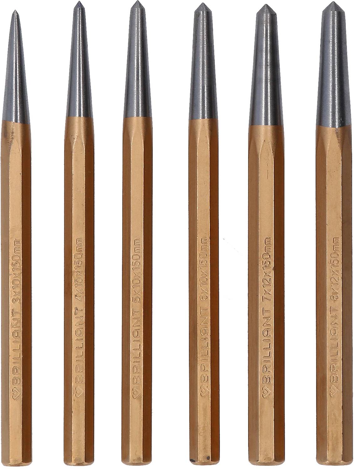 Sechs braune, metallene Reißnadeln in einer Reihe angeordnet, mit spitzen Enden und hexagonalen Schäften.